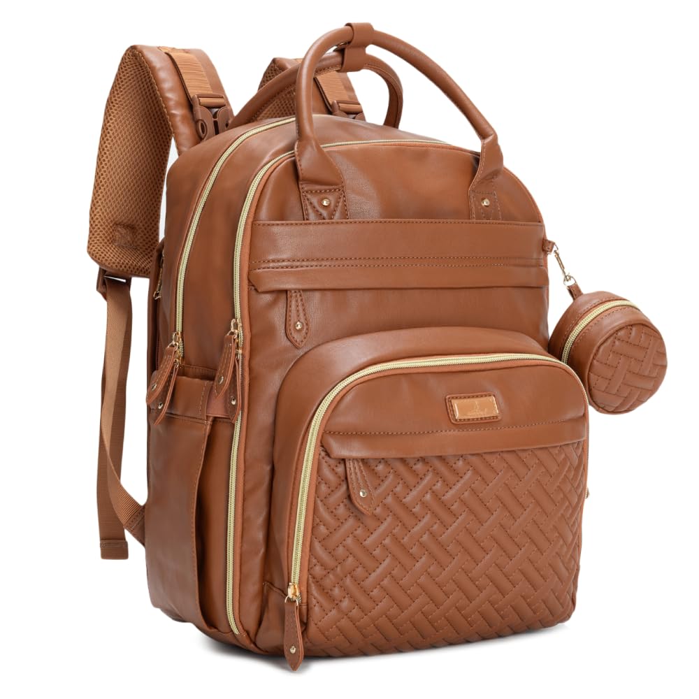 BabbleRoo leather diaper bag backpack 19 pockets water resistant USB port travel