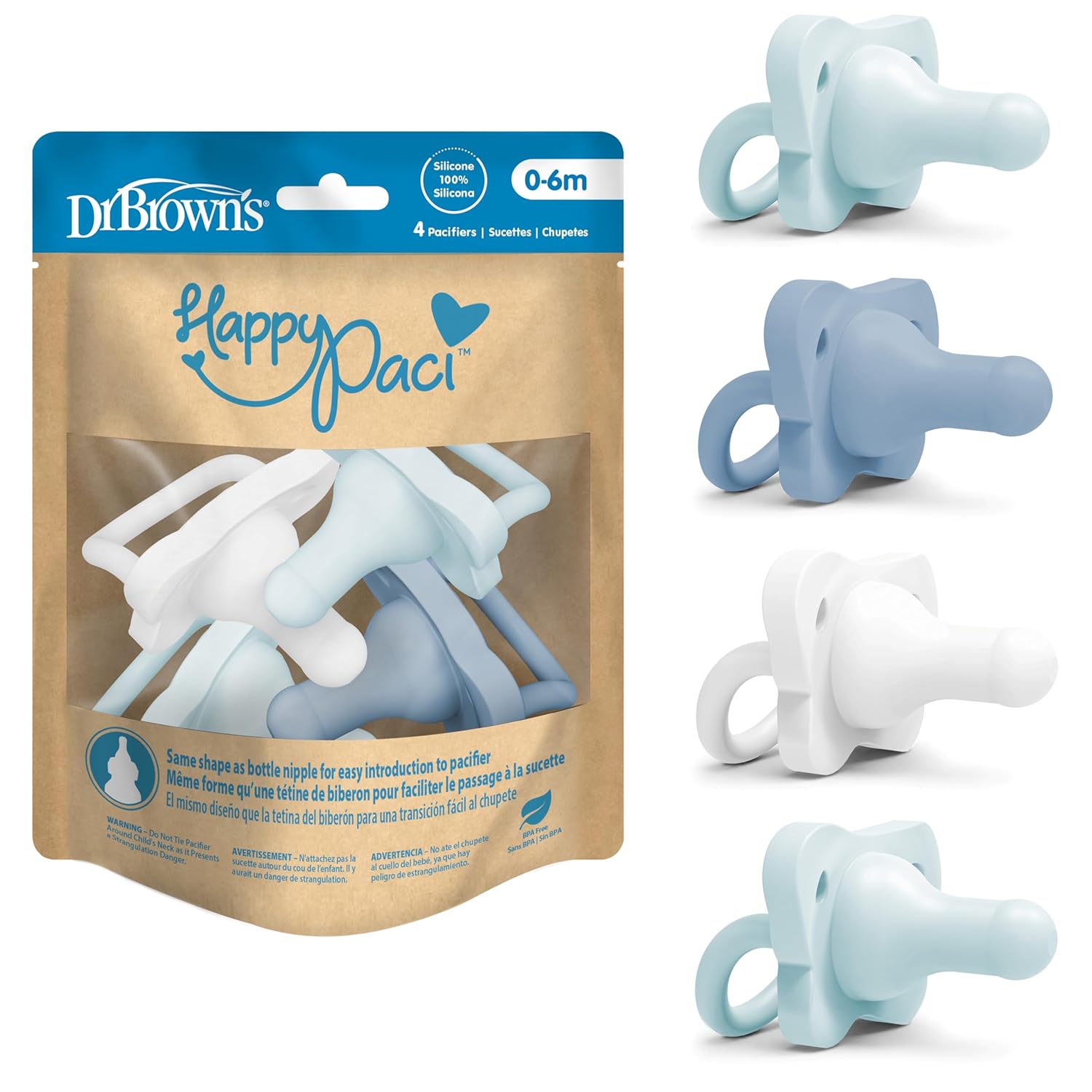 best baby pacifiers 2026 Dr Browns HappyPaci 100% silicone one-piece contoured BPA-free 0-6 months pediatrician recommended