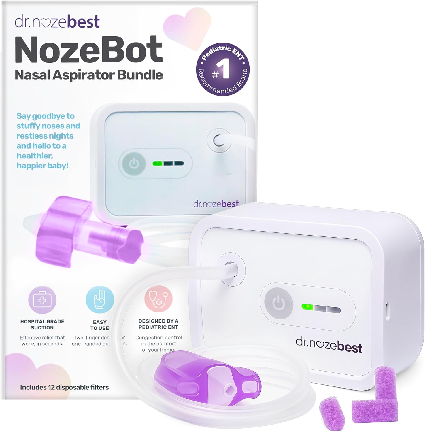 best baby nasal aspirators 2026 Dr Noze Best NozeBot ISO certified hospital-grade 3 suction levels pediatric ENT RSV severe congestion