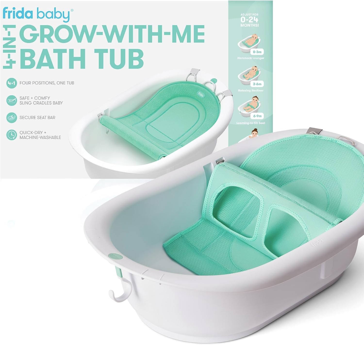 best baby bathtubs 2026 Frida Baby 4-in-1 Grow-with-Me color-coded sling newborn toddler flip support drain hook