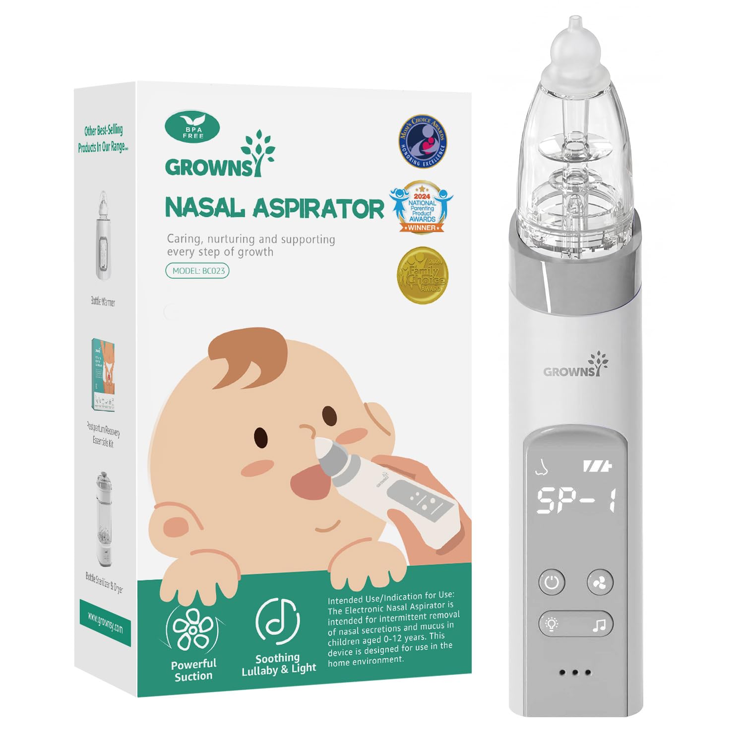 best baby nasal aspirators 2026 GROWNSY electric 3 suction levels anti-backflow food-grade silicone tips music light 30-day battery