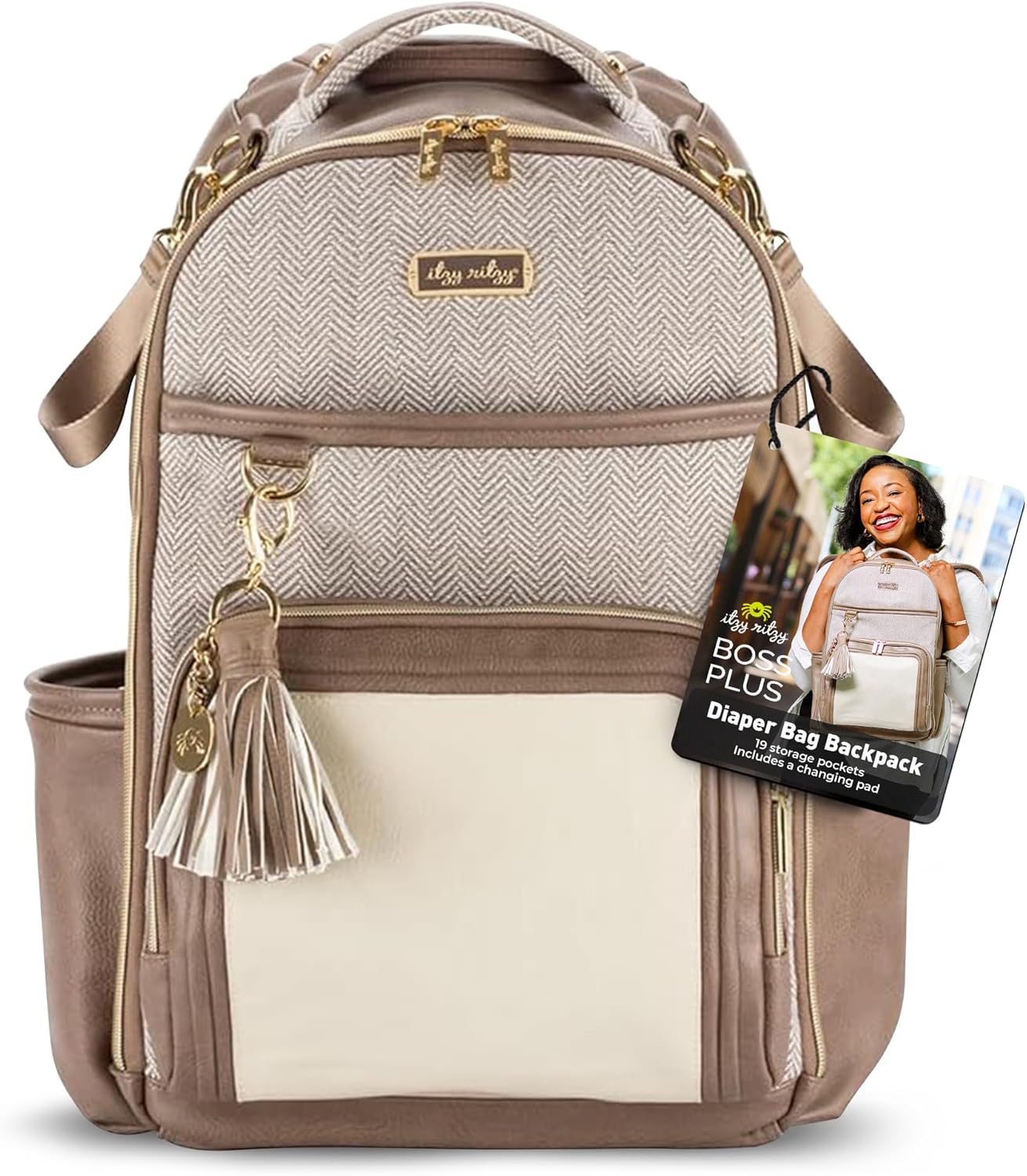 best diaper bags 2026 Itzy Ritzy Boss Plus backpack 19 pockets vegan leather vanilla latte