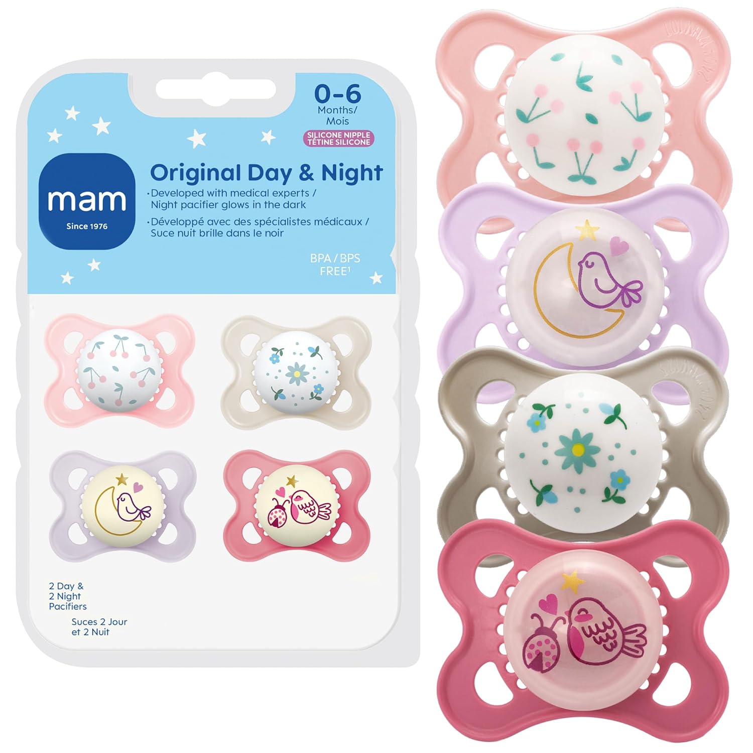 best baby pacifiers 2026 MAM Original glow in dark self-sterilizing microwave case BPA-free SkinSoft silicone symmetrical 0-6 months