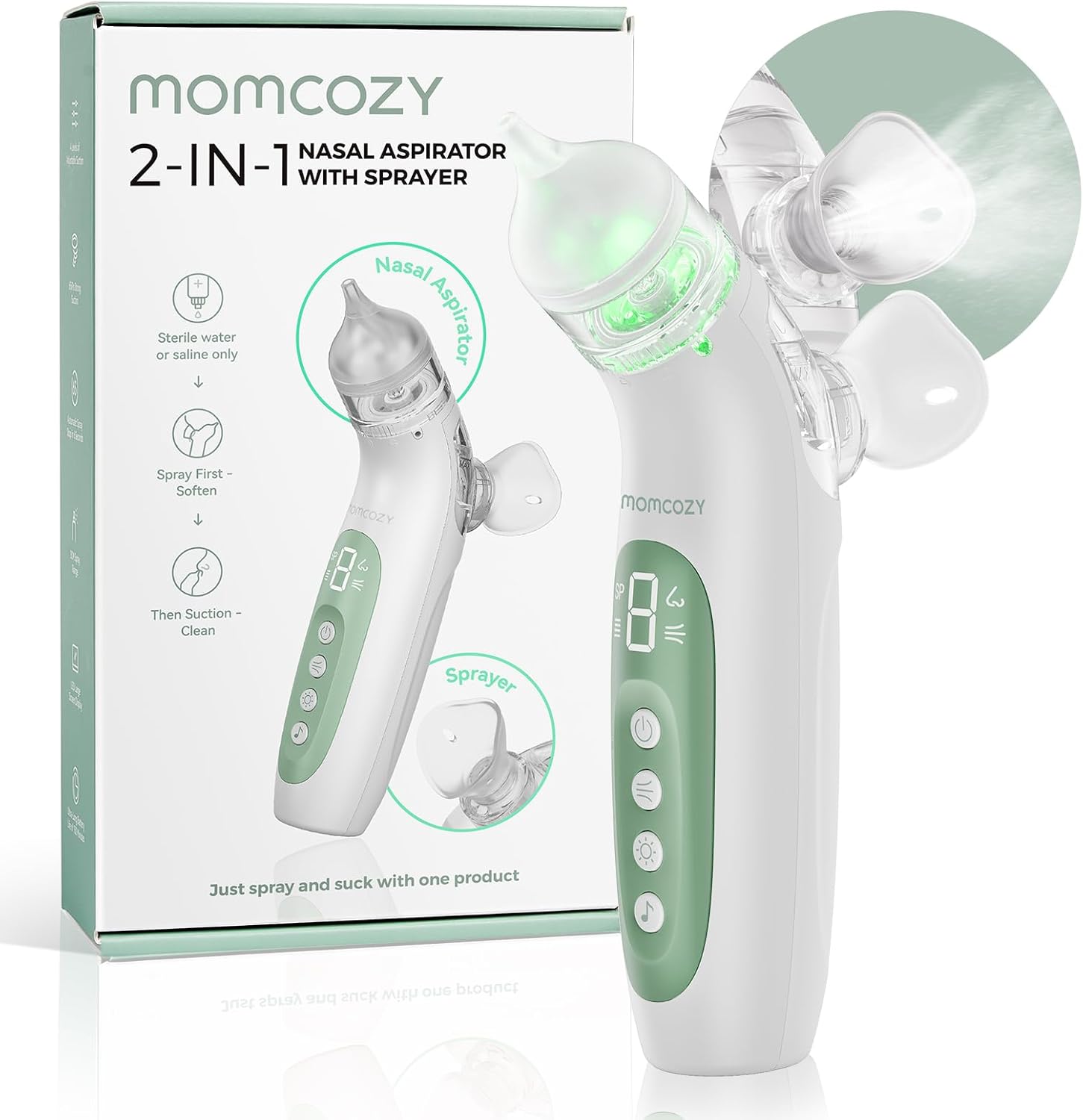 best baby nasal aspirators 2026 Momcozy BreezyClear 2-in-1 65kPa hospital-grade spray suction 4 levels night light whisper quiet