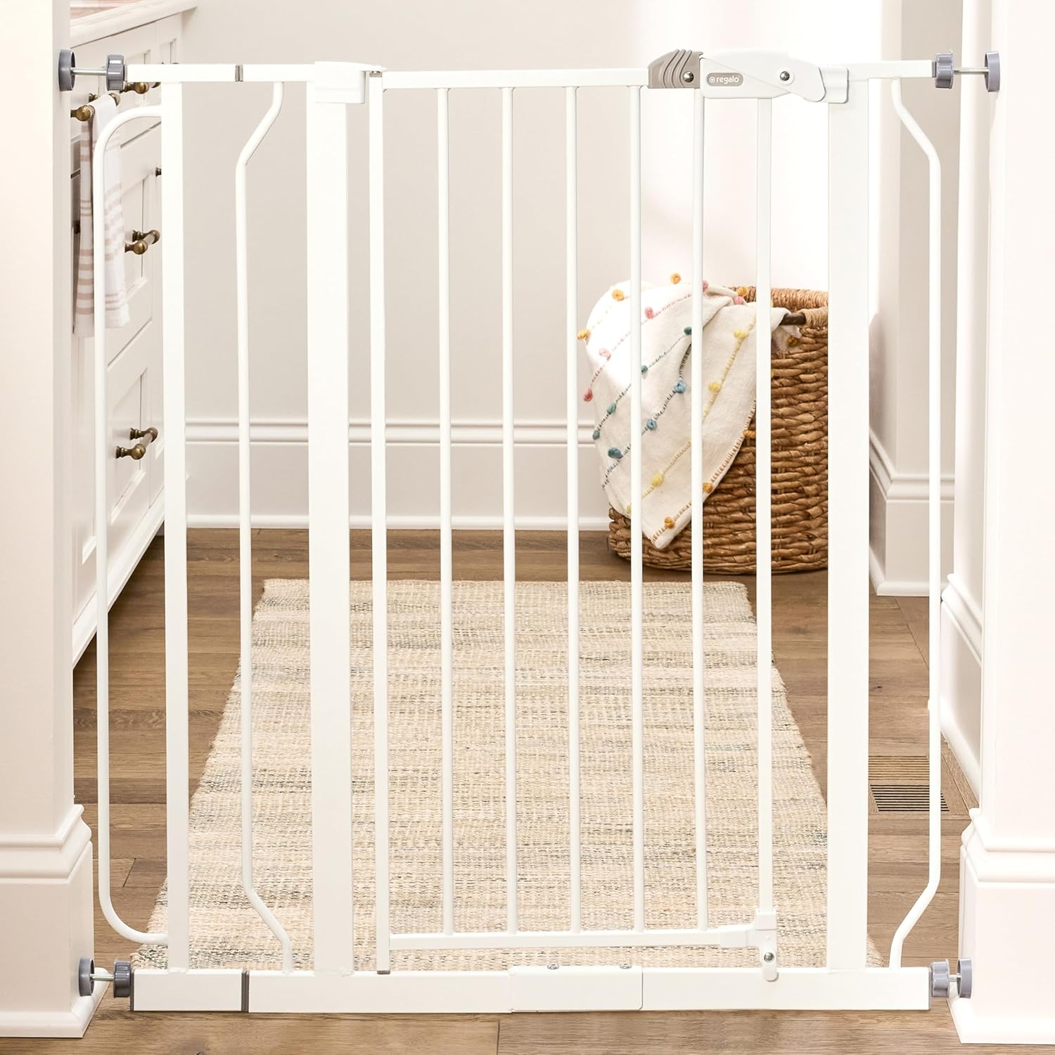 Regalo Safety 36 inch Extra Tall baby gate doorways bottom of stairs pressure mount white