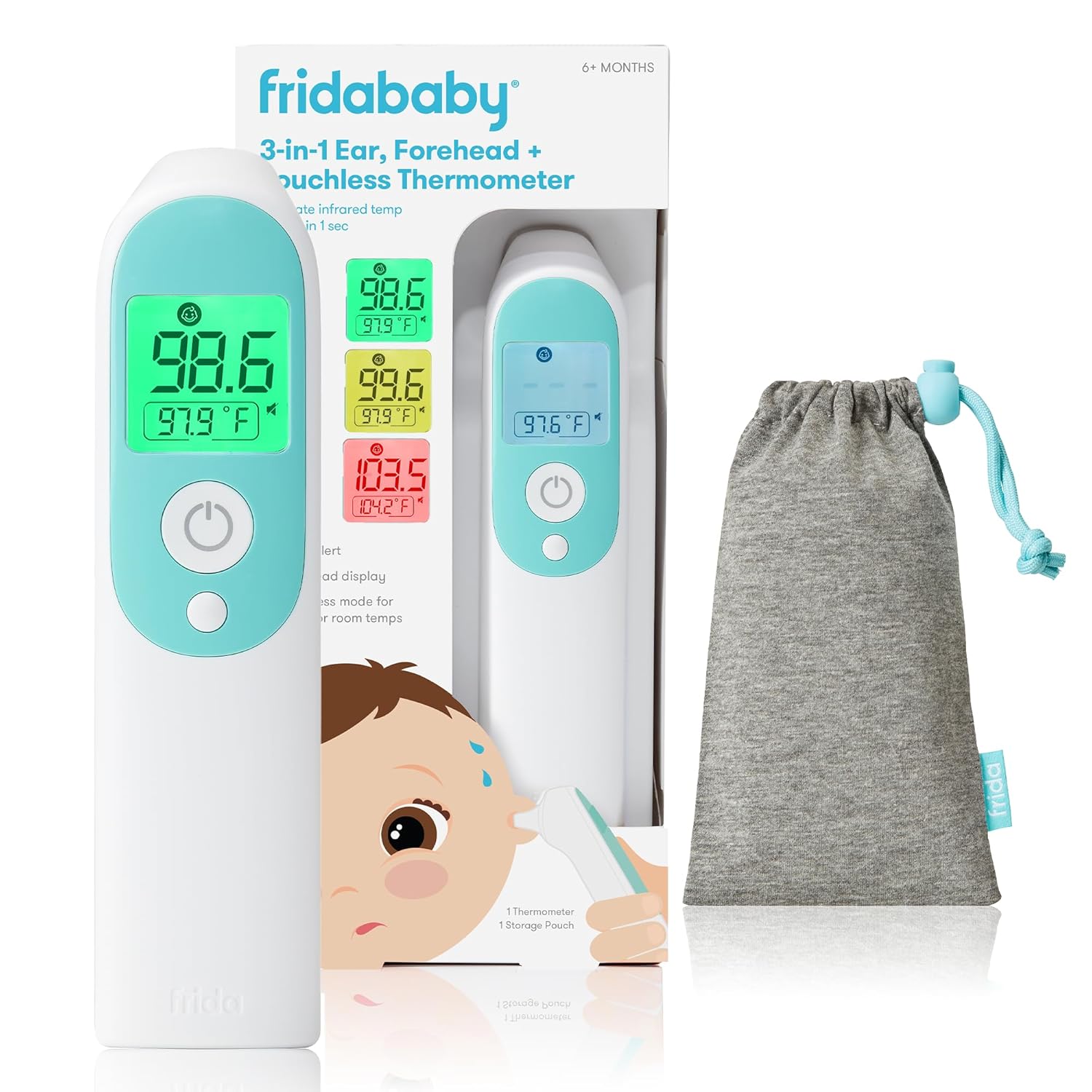 best baby thermometers 2026 Frida Baby 3-in-1 infrared ear forehead touchless color-coded display